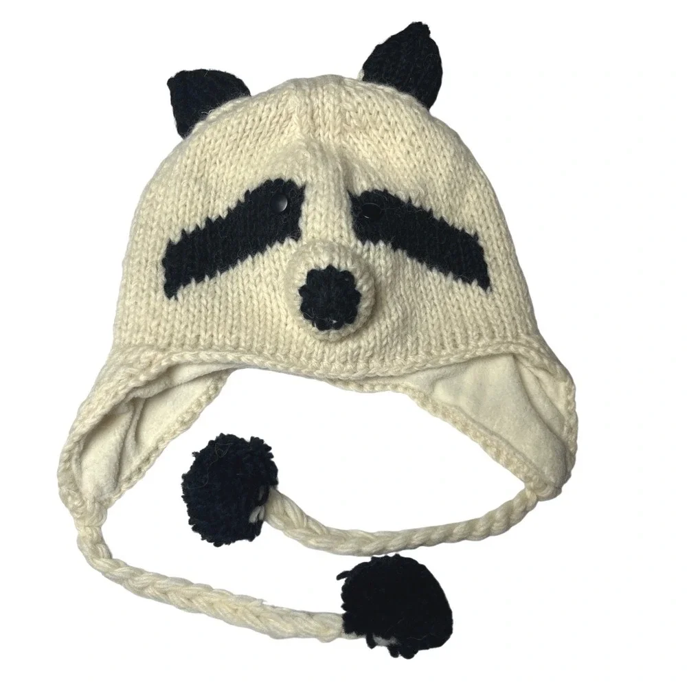 Raccoon‎ Nepal Wool Earflap Beanie Hat Hand Knit Cream Black Whimsical OS